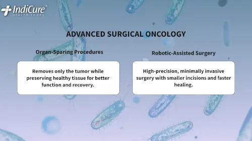 Infographic titled 'Advanced Surgical Oncology' by IndiCure, highlighting minimally invasive expertise, partial nephrectomy, nipple-sparing mastectomy, and robotic-assisted surgery.